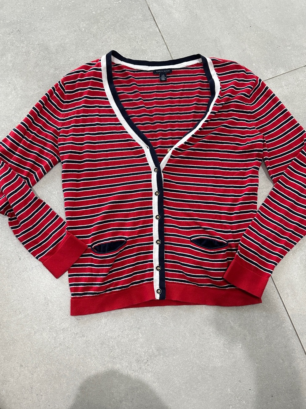 Tommy Hilfiger Red Striped Button-Front Cardigan with Navy & White Trim
